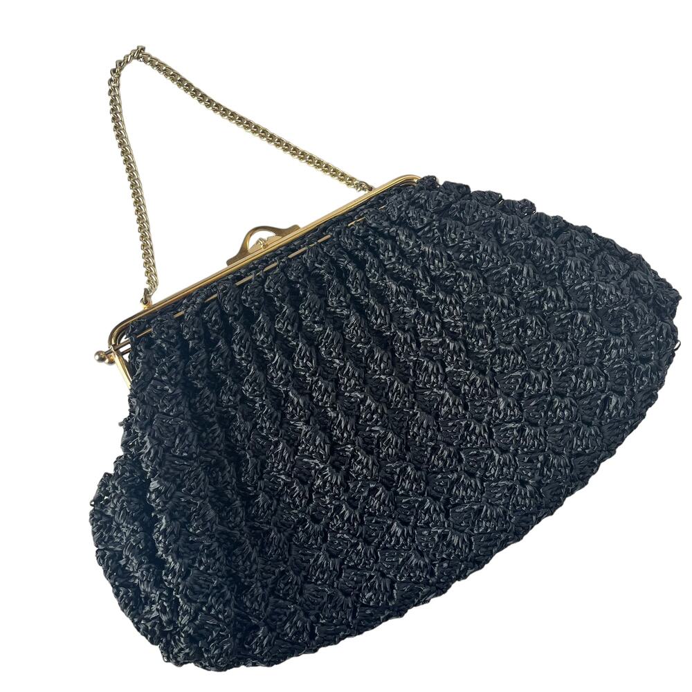 Macrame or Knit Strawy Weave Evening Bag Purse Black Gold Chain Retro Glam